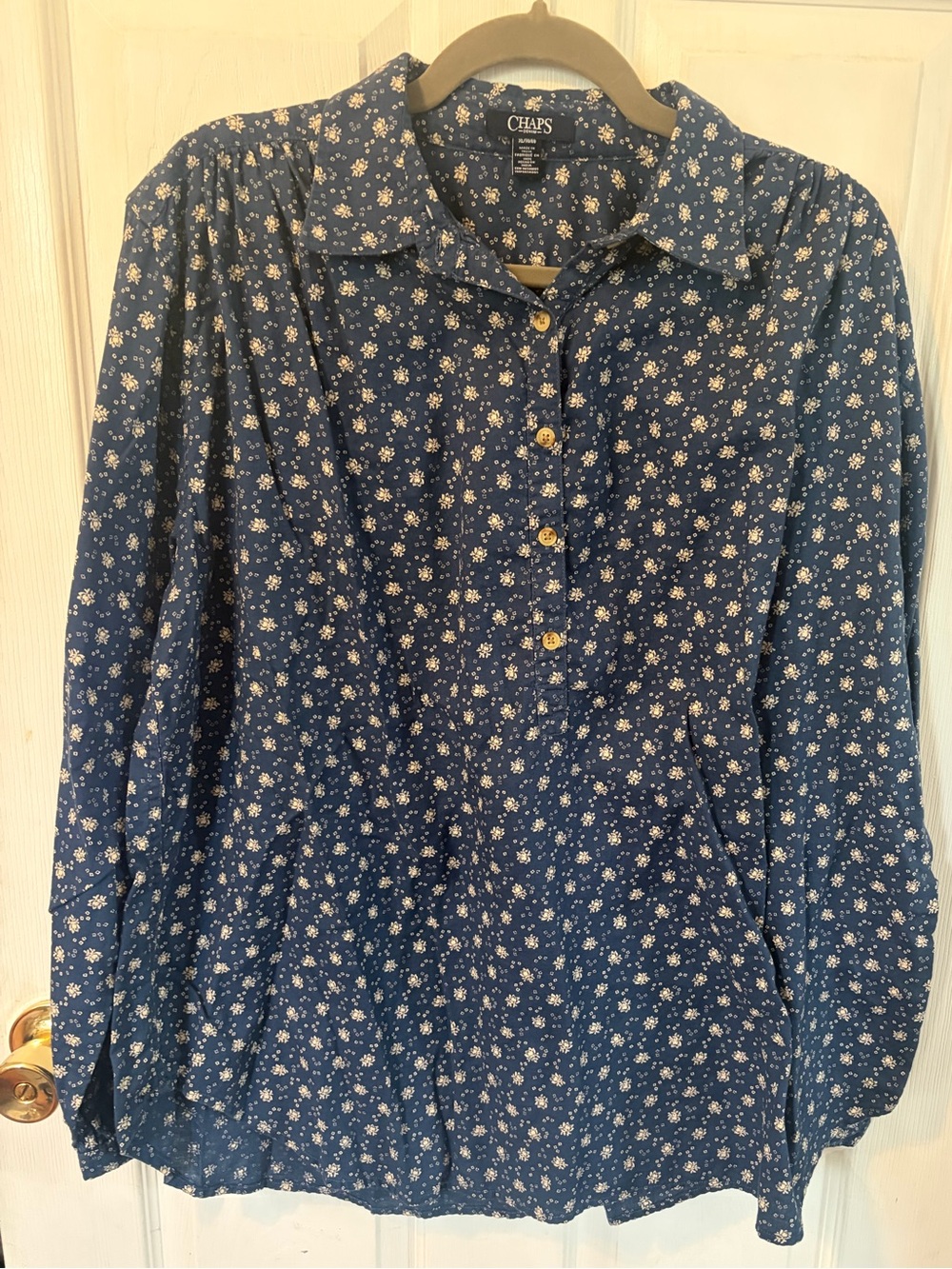Chaps Denim Long Sleeve Half Button-Up Navy with Cream Floral Print